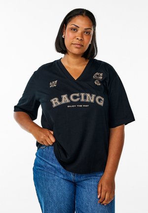 Black, short-sleeve V-neck t-shirt with gold text "RACING" and "ENJOY THE WAY." Features logos on the left chest area and soft fabric.