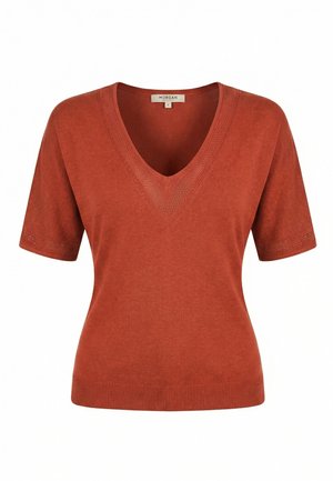 Maglione a maniche corte color ruggine, in maglia, con scollo a V e rifinitura leggermente strutturata intorno al collo, alle maniche e all'orlo, taglia piccola.