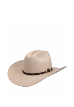 Beige cowboy hat with wide brim and brown braided band featuring gold buckle accents on a white background.