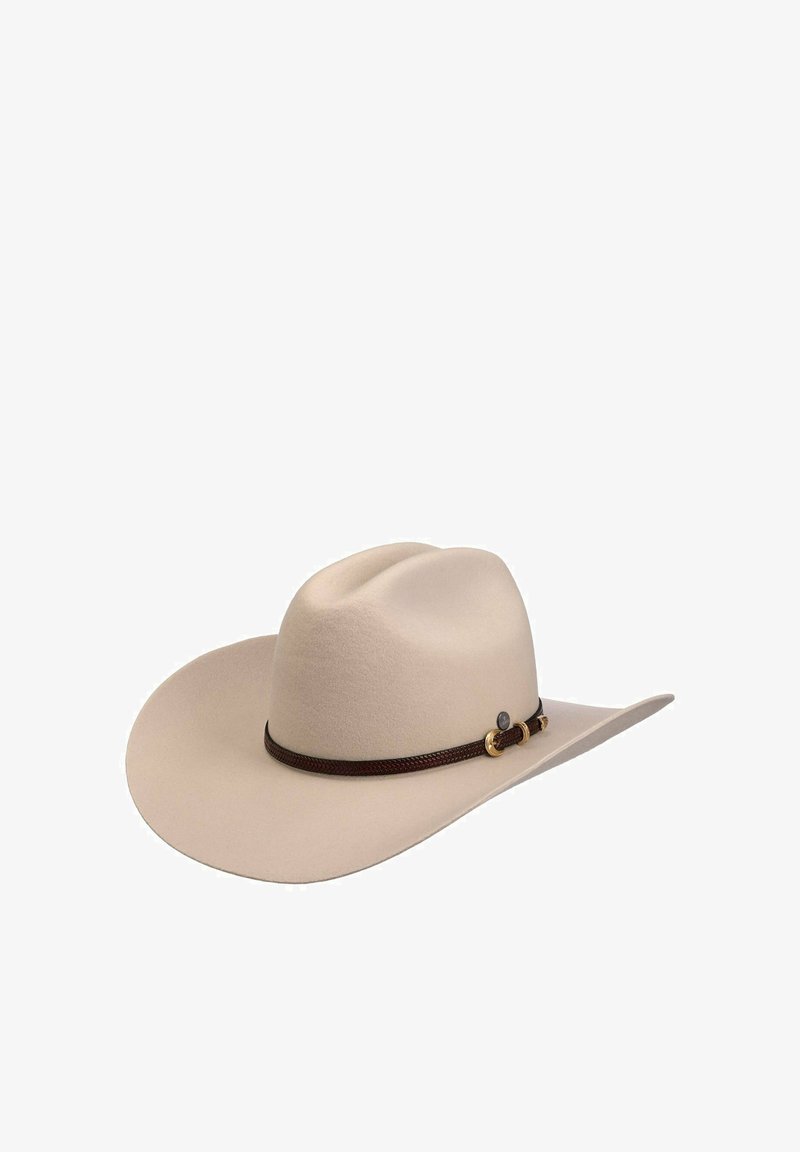 Beige cowboy hat with wide brim and brown braided band featuring gold buckle accents on a white background.