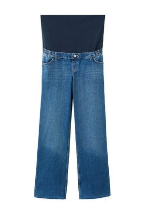 Niebieskie dżinsy z szerokimi nogawkami, wyposażone w standardowy wzór z pięcioma kieszeniami i zapięcie na guziki, zestawione z czarną koszulą na górze.