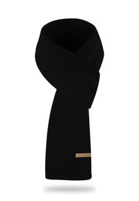 Schwarzer Strickschal mit gerippter Textur, langem rechteckigem Format und einem kleinen hellbraunen Logoetikett nahe dem unteren Ende.