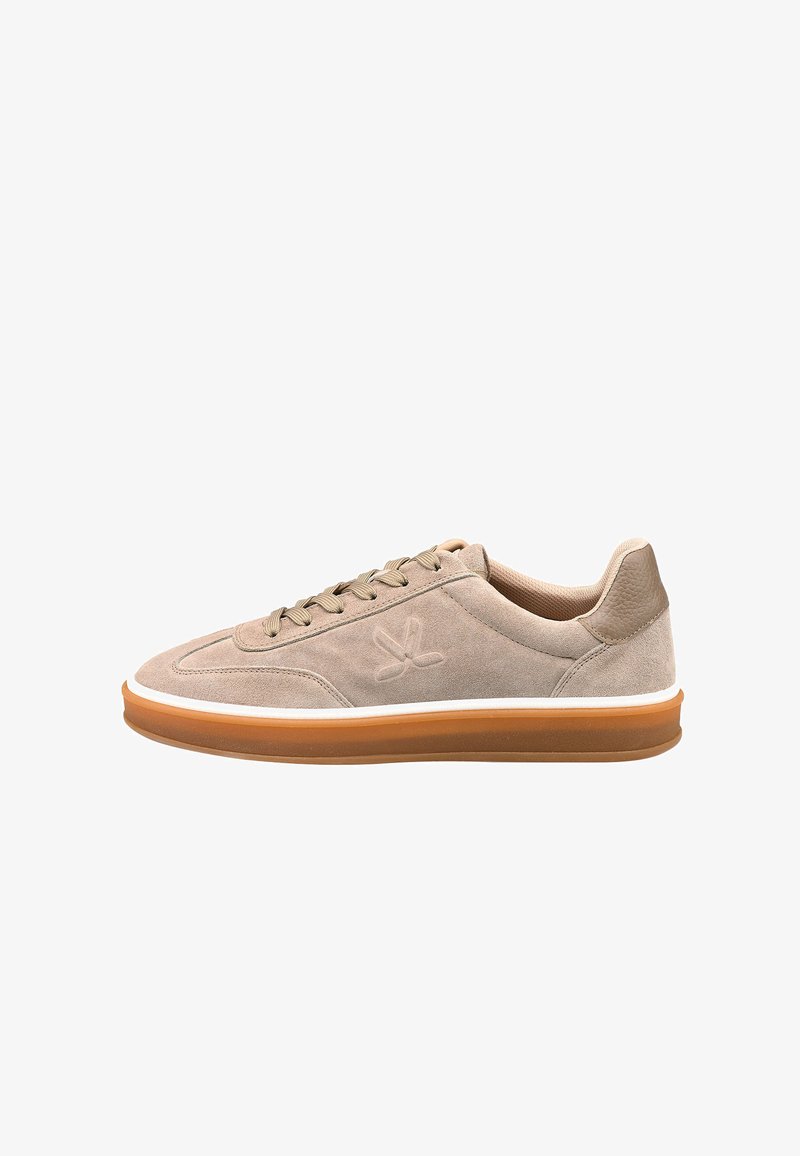 Beige Wildlederschuh mit glatter Textur, runder Zehenpartie, weißer Zwischensohle und Gummisohle. Verfügt über eine Schnürverschluss und ein geprägtes Logodetail.