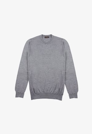 Szary sweter z okrągłym dekoltem, wykonany z teksturowanej tkaniny. Posiada długie rękawy, dopasowaną talię i ściągacze, a jego design jest prosty i klasyczny.