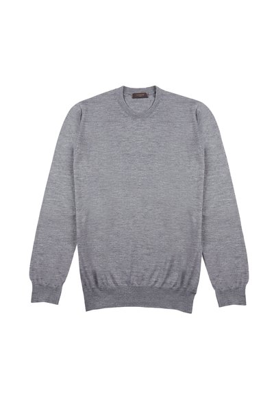 Grauer Rundhalsausschnitt-Pullover aus strukturiertem Stoff. Mit langen Ärmeln, schmalem Bund und gerippten Manschetten in einem schlichten, klassischen Design.