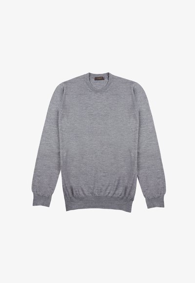 Grauer Rundhalsausschnitt-Pullover aus strukturiertem Stoff. Mit langen Ärmeln, schmalem Bund und gerippten Manschetten in einem schlichten, klassischen Design.