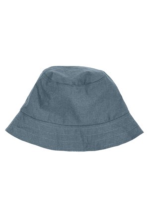 Blue denim bucket hat with stitched wide brim and simple, unadorned design against white background.