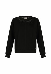Zwarte sweatshirt met lange mouwen, ronde halslijn en decoratieve rhinestones aan de voorkant. Beschikt over een geribde zoom en manchetten.