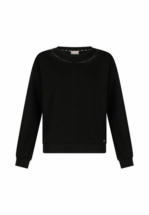 Black sweatshirt with long sleeves, round neckline, and decorative rhinestones across the front. Features a ribbed hem and cuffs.