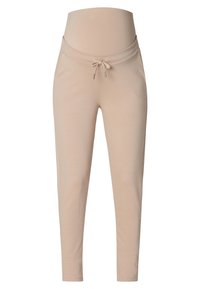 Beige zwangerschaps joggingsbroek met verstelbare tailleband en zachte stof, ontworpen om een zwangere buik te accommoderen.