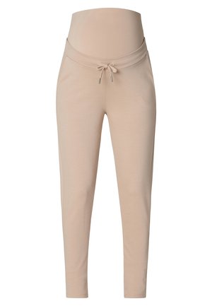 Beige zwangerschaps joggingsbroek met verstelbare tailleband en zachte stof, ontworpen om een zwangere buik te accommoderen.