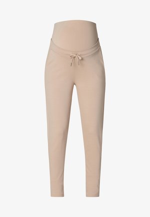 Beige zwangerschaps joggingsbroek met verstelbare tailleband en zachte stof, ontworpen om een zwangere buik te accommoderen.