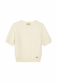 Krótki sweter w kolorze kremowym z krótkim rękawem, wykonany z miękkiego materiału, z okrągłym dekoltem i ściągaczem. Na boku znajduje się małe metaliczne logo.