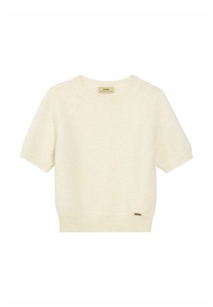 Krótki sweter w kolorze kremowym z krótkim rękawem, wykonany z miękkiego materiału, z okrągłym dekoltem i ściągaczem. Na boku znajduje się małe metaliczne logo.