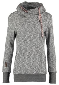 Pull-over à manches longues gris chiné avec col cheminée haut et cordon de serrage orné de détails roses, poignets et ourlet côtelés.
