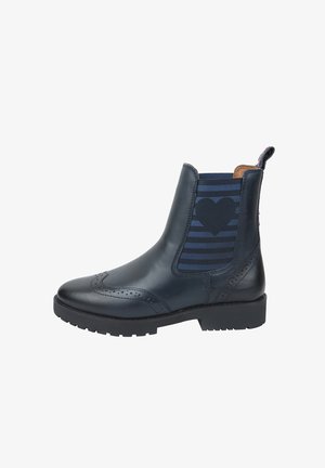 Stivale alla caviglia in pelle blu navy con suola in gomma nera, dettagli brogue e pannello laterale elastico con strisce blu e nere e design a cuore.
