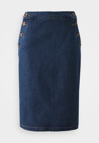 Jeanskjol i mörkblått, med knappstängning på sidan som har sex träknappar och rak fåll. Slät textur, klassisk design.