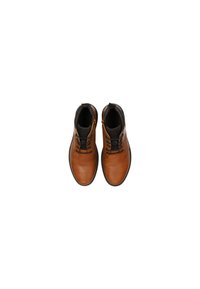 Botas de tobillo de cuero marrón con acentos de textil negro, que presentan una puntera redondeada, cordones y una cremallera lateral. Textura de superficie suave.
