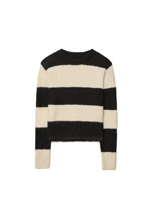 Raidallinen neulepaita musta-kermanvärisenä, valmistettu pehmeästä, teksturoidusta kankaasta. Omaavissa pyöreä kaula-aukko ja lyhyt malli, jossa pitkähihaiset hihat.