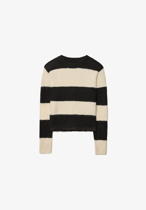 Pruhovaný sveter v čiernej a krémovej farbe, vyrobený z mäkkej, štruktúrovanej tkaniny. Obsahuje okrúhly výstrih a skrátený strih s dlhými rukávmi.