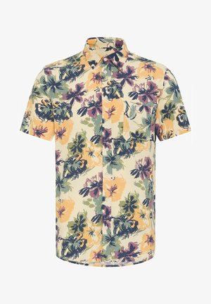 Lühikeste varrukatega nööpidega särk, millel on lillemuster kollase, violetti ja rohelise värviga kreemjal. Omab rinna taskut ja kraed.