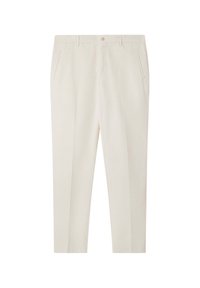 Pantaloni beige in cotone con design a vita piatta, due tasche laterali e chiusura con un solo bottone frontale. Vestibilità sartoriale con una texture liscia.
