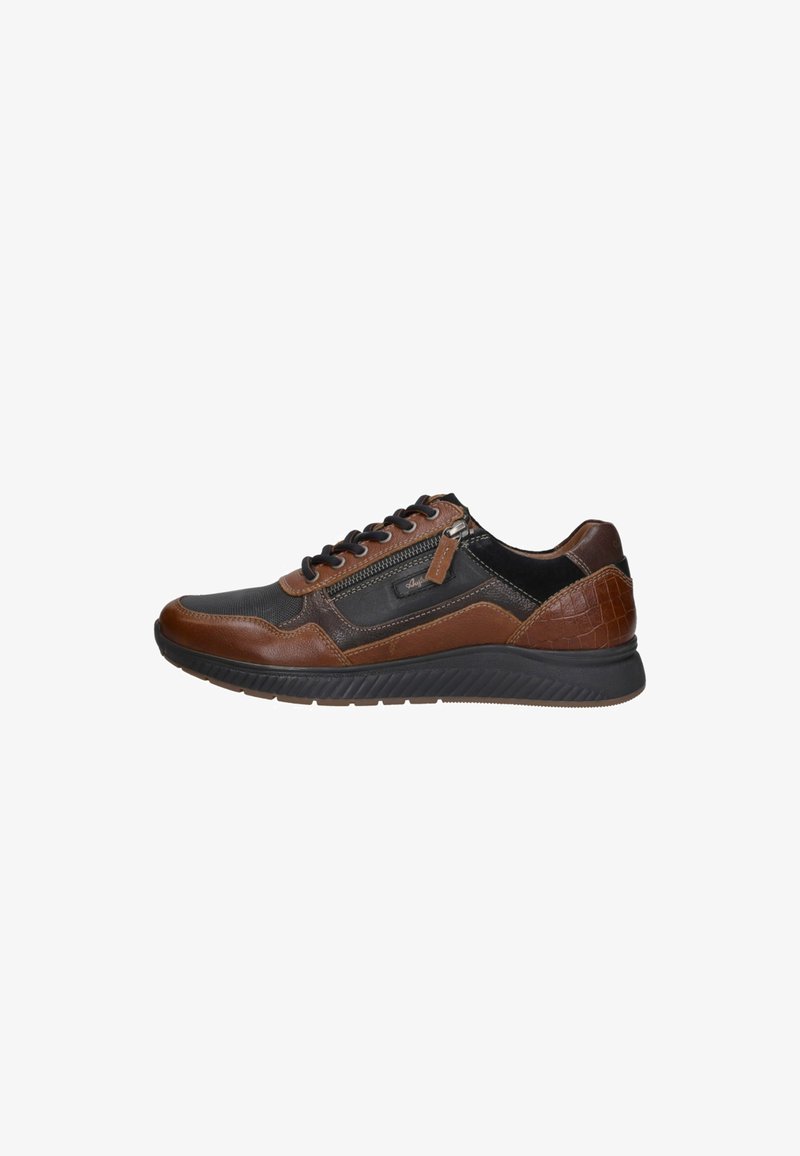 Heren sneaker, zwart en bruin leer, gestructureerde accenten, vetersluiting, zijritsdetail, rubberen zool met profiel.