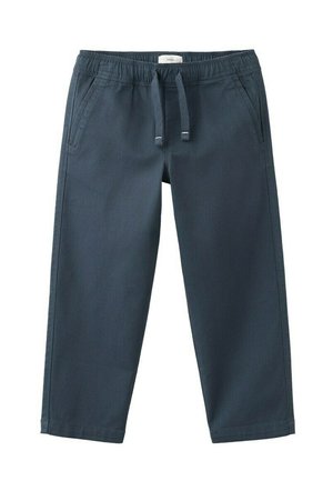 Bavlnené nohavice tmavomodrej farby s elastickým pásom, nastaviteľným šnúrkovým sťahovaním, bočnými vreckami a strihom so širokými nohavicami.