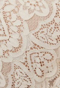 Beige spetstyg med blommönster och fjärilar, med intrikata detaljer och ett fint, texturerat utseende.