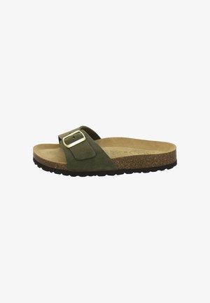 Olive green suede slide sandal with cork footbed, adjustable gold buckle strap, and black textured rubber sole.