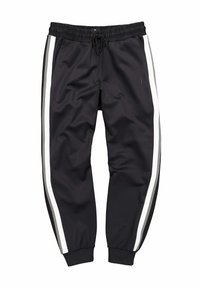 Sorte atletiske joggebukser med hvide og grå lodrette striber på ydersiden af benene, elastisk taljebånd med snøre og elastiske manchetter ved anklerne.