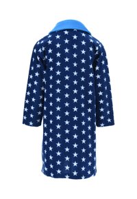 Navy blue fleece robe featuring a star pattern in white, long sleeves, and a blue collar. Soft texture, knee-length design.