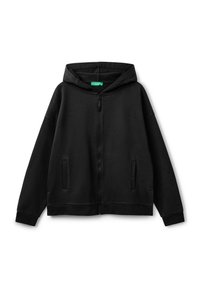 Felpa con zip nera e cappuccio caratterizzata da una morbida texture, tasche frontali e una vestibilità rilassata. Progettata con un colore uniforme e dettagli semplici.