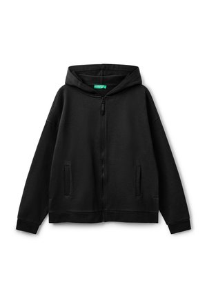 Schwarzer zip-up Kapuzenpullover mit weichem Material, frontalen Taschen und lässiger Passform. Mit einfarbigem Design und schlichten Details.