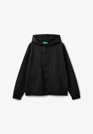 Zwarte rits-hoodie met een zachte textuur, voorzakken en een relaxte fit. Ontworpen met een egale kleur en eenvoudige details.