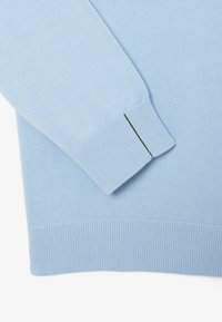Lichtblauwe gebreide trui in de hoek, met ribbelboorden en zoom, en een klein groen accent op de boord. Zachte textuur, strakke uitstraling.