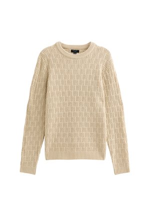 Suéter de punto beige con un patrón texturizado, cuello redondo y puños y dobladillo acanalados. Tejido suave. Diseño ligero.