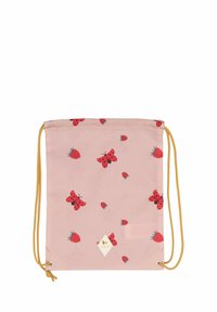 Gymnastikpose i pink stof med et mønster af røde mariehøns og hindbær. Fremhævet med gul snor og en lille mærkeetiket.