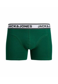 Boxers verts pour hommes avec une ceinture blanche ornée du texte noir "JACK & JONES", présentés sur un fond blanc uni.