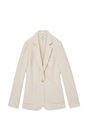 Bež srajčni suknjič iz teksturirane tkanine, z enim zlatim gumbom, dvema sprednjima žepoma in zarezanimi ovratniki.