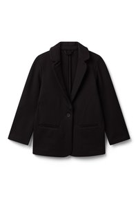 Černý jednobarevný blazer s klopami, dvěma předními kapsami na welt a dlouhými rukávy položený na bílém pozadí.