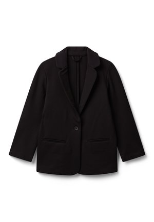 Blazer noir à bouton unique avec revers crantés, deux poches passepoilées à l'avant et manches longues, posé à plat sur un fond blanc.