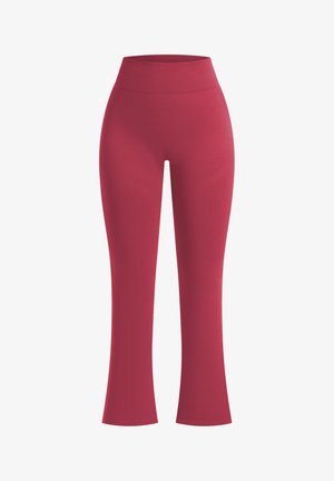 Hoch taillierte, eng anliegende Leggings in einem einfarbigen Burgunderrot. Hergestellt aus glattem und dehnbarem Material, mit einem ausgestellten Saum.