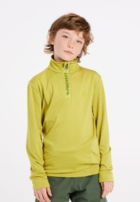 Groene ritslang mouw shirt met een hoge kraag, gemaakt van een textuurstof en met een logo op de voorkant. Eenvoudig design, lichtgewicht materiaal.