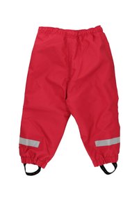 Czerwone wodoodporne spodnie z elastycznym paskiem w talii, odblaskowymi paskami na nogawkach oraz regulowanymi paskami na kostkach dla pewnego dopasowania.