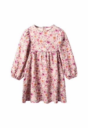 Abito floreale con maniche lunghe a sbuffo, tessuto rosa decorato con fiori multicolori, scollo rotondo e vita arricciata.