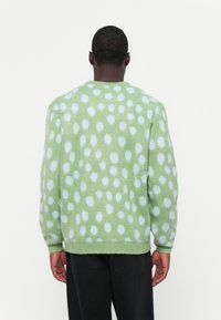 Groene gebreide trui met een zachte textuur en lichtblauwe stippen, ronde halslijn en geribde manchetten, gestyled met zwarte broeken.