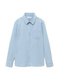 Cămașă din denim albastru deschis, cu mâneci lungi, închidere cu nasturi în față, guler ascuțit și un singur buzunar pe piept. Textură moale și croi lejer.