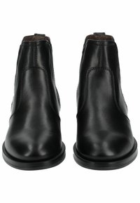 Black leather ankle boots with a smooth finish, rounded toe, elastic side panels, and low-profile rubber sole.