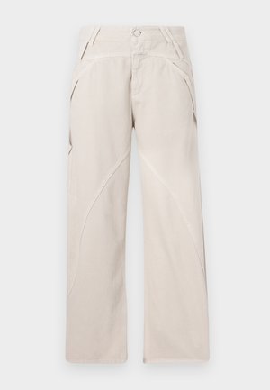 Beige brede bukser lavet af en bomuldsblanding, med buede sømdetaljer, knaplukning og sidelommer. Flad frontdesign.